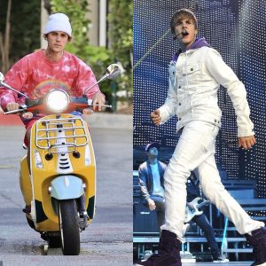 Justin Bieber spreads good vibes as he flashes a thumbs up while riding around LA on his yellow Vespa