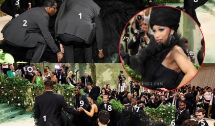 Cardi B brings the 2024 Met Gala red carpet to a standstill as she requires at least NINE helpers to fan out her dress' enormous black skirt